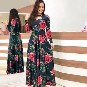 Maxi Red Flower Long Sleeves Dress - JEXIE