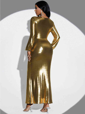 Plunge Twisted Gold Dress - JEXIE