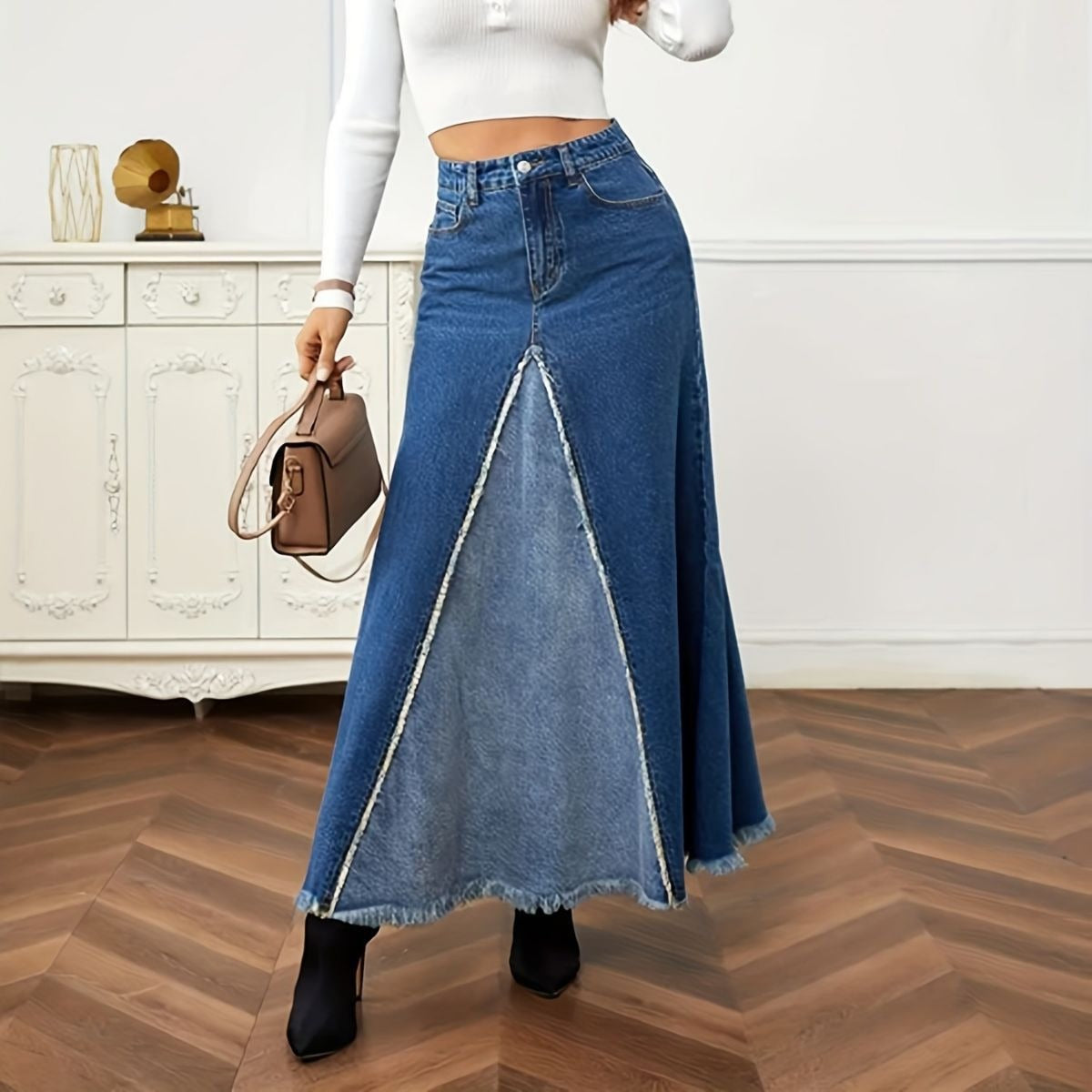 Loose Spliced Denim Skirt - JEXIE