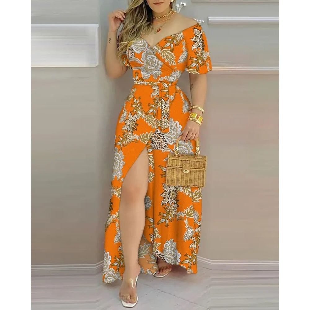 Floral Prints Belted Wrap Long Dress - JEXIE