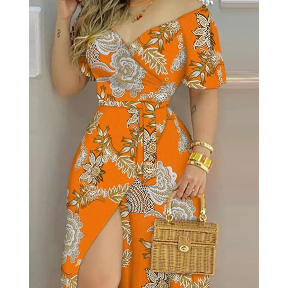 Floral Prints Belted Wrap Long Dress - JEXIE