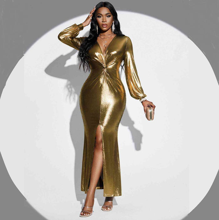 Plunge Twisted Gold Dress