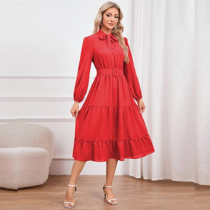 Tie Neck Long Sleeve Dress - JEXIE