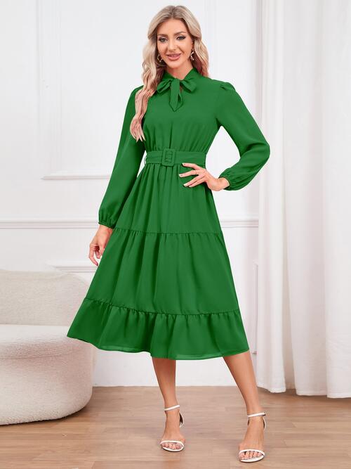 Tie Neck Long Sleeve Dress - JEXIE