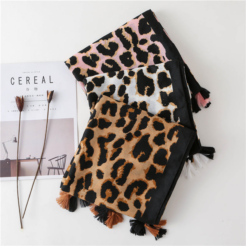 Leopard Print Tassel Scarf - JEXIE