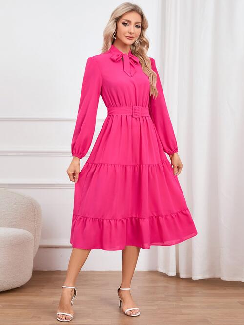 Tie Neck Long Sleeve Dress - JEXIE