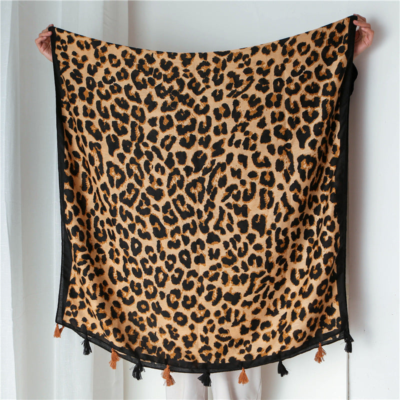 Leopard Print Tassel Scarf - JEXIE