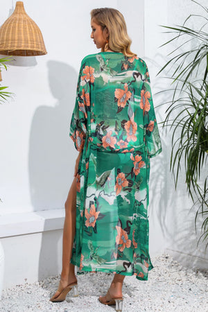 Green Floral Long Cover Up