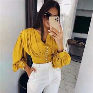 Long Puff Sleeves Buttoned Blouse - JEXIE