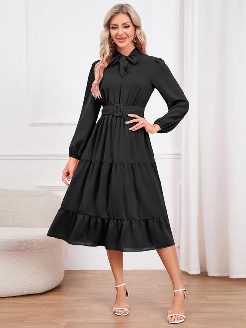 Tie Neck Long Sleeve Dress - JEXIE