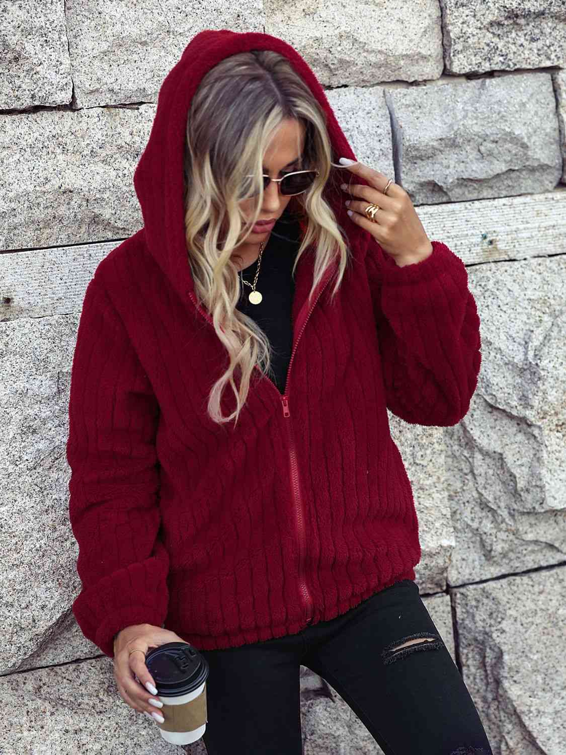 Wine Color Hooded Jacket - JEXIE