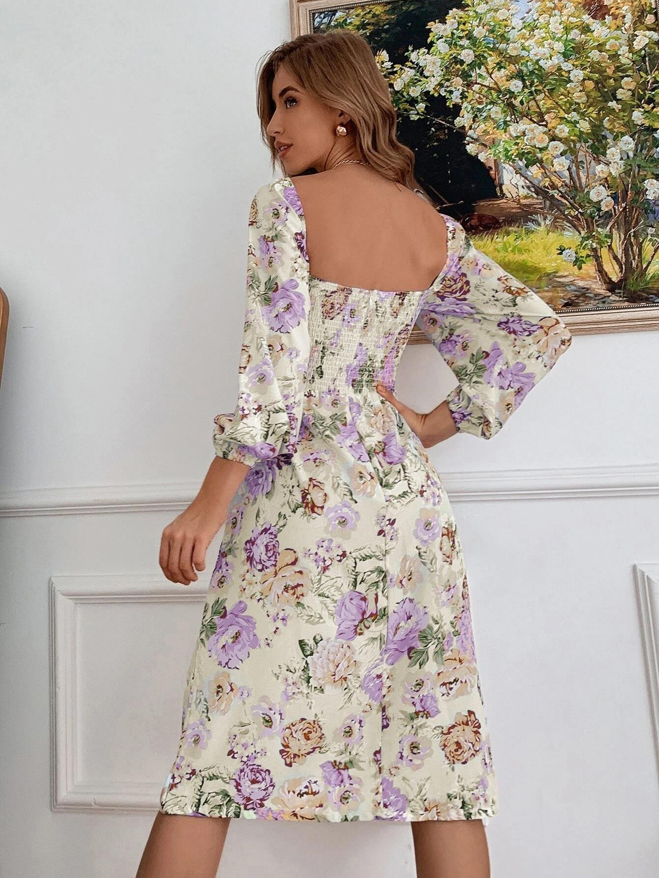 Vintage Square Neck Floral Dress - JEXIE