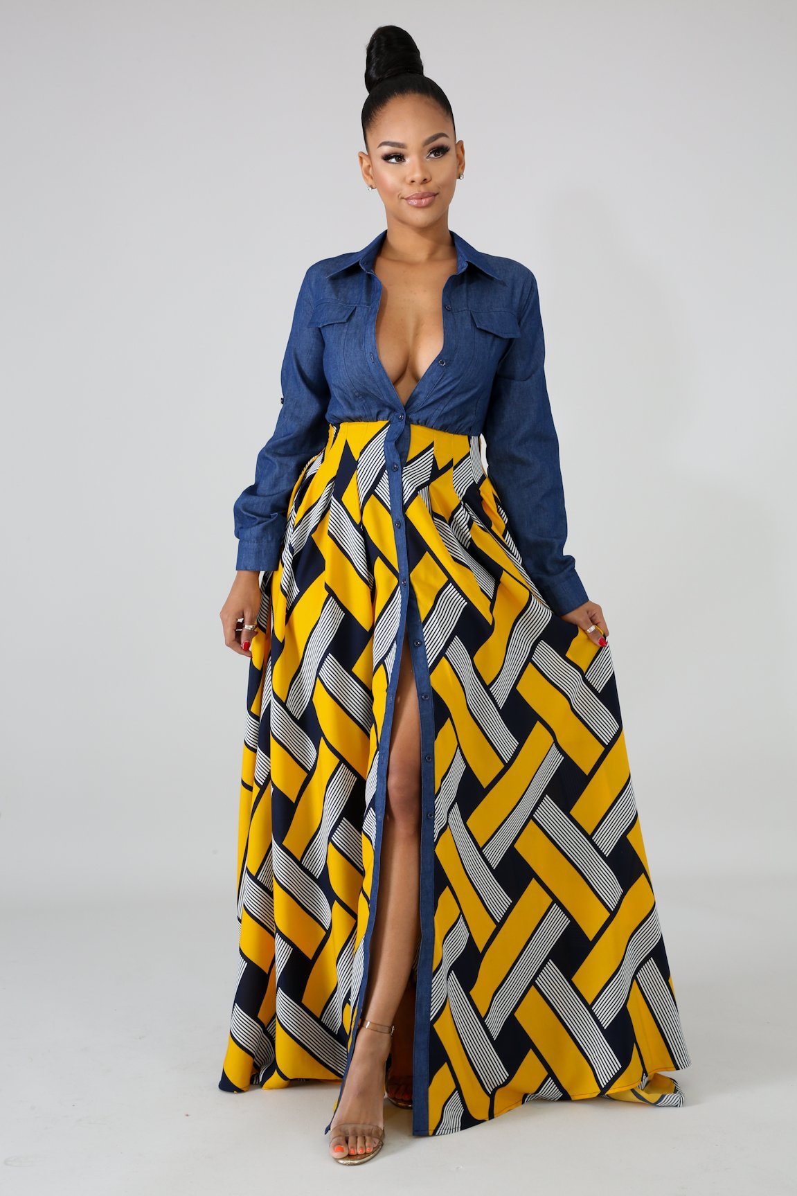 Yellow Printing Long Dress - JEXIE