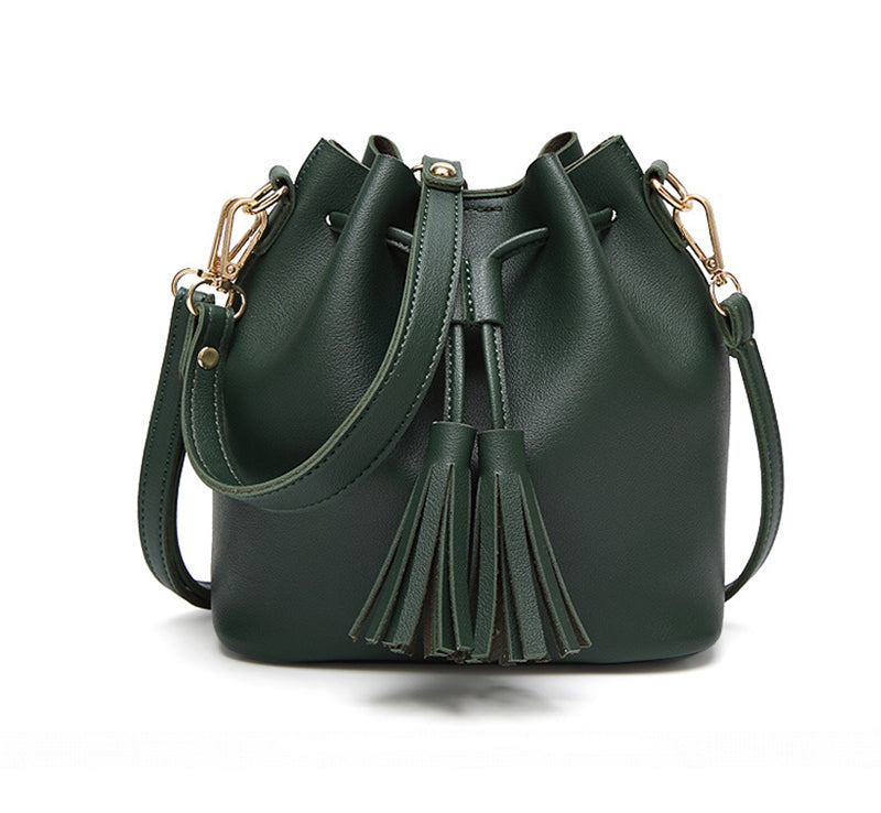 Drawstring Leather Bucket Shoulder Bag - JEXIE