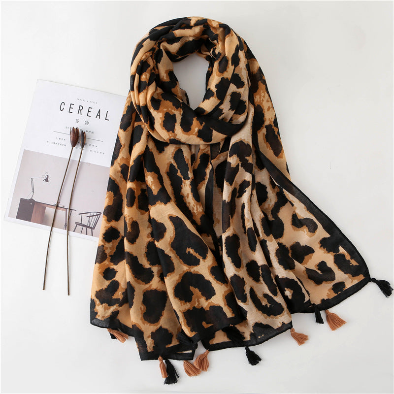 Leopard Print Tassel Scarf - JEXIE