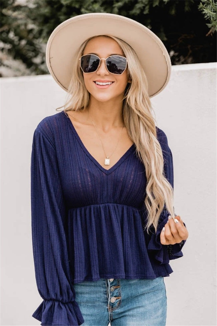 Solid V-Neck Long-Sleeved Top - JEXIE