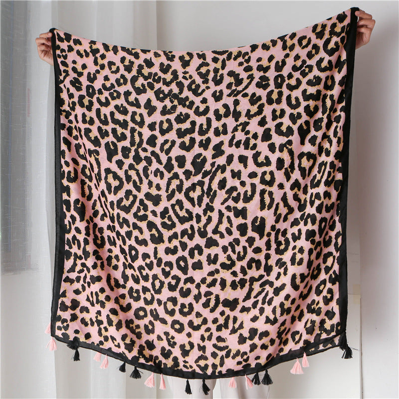 Leopard Print Tassel Scarf - JEXIE