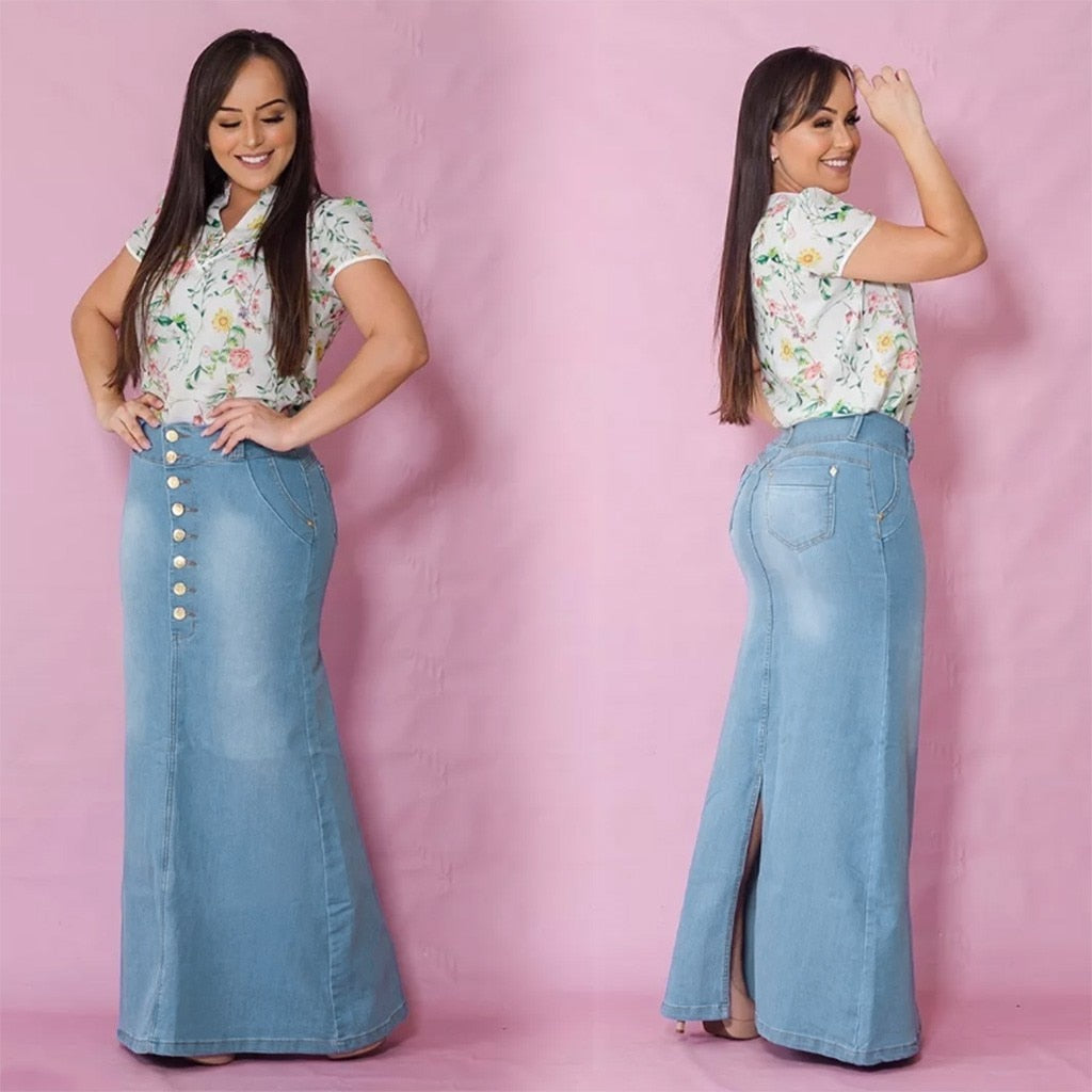 Long Light Blue Denim Skirt - JEXIE