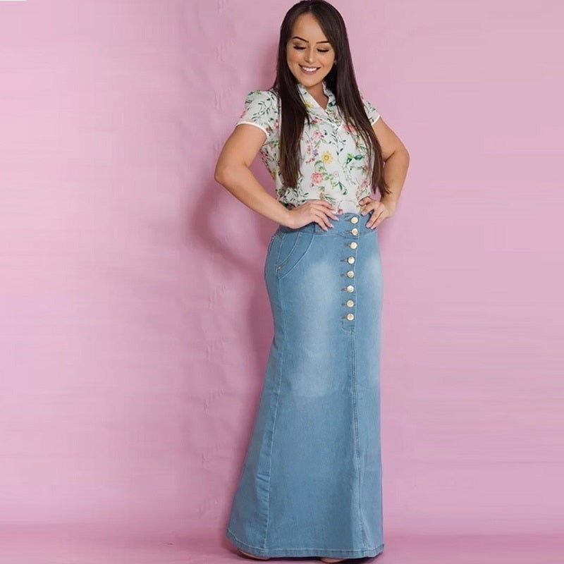 Long Light Blue Denim Skirt - JEXIE