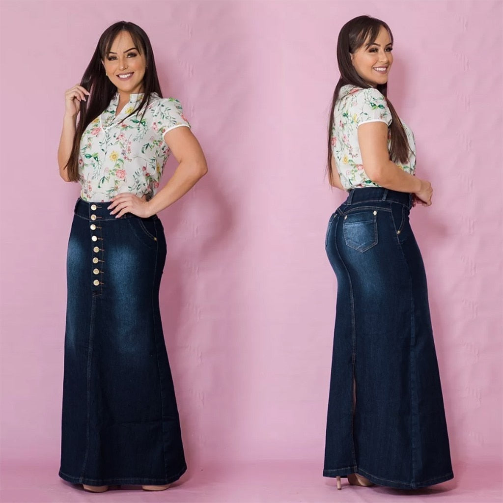 Long Deep Blue Denim Skirt - JEXIE