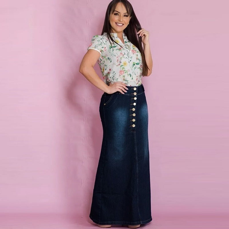 Long Deep Blue Denim Skirt - JEXIE