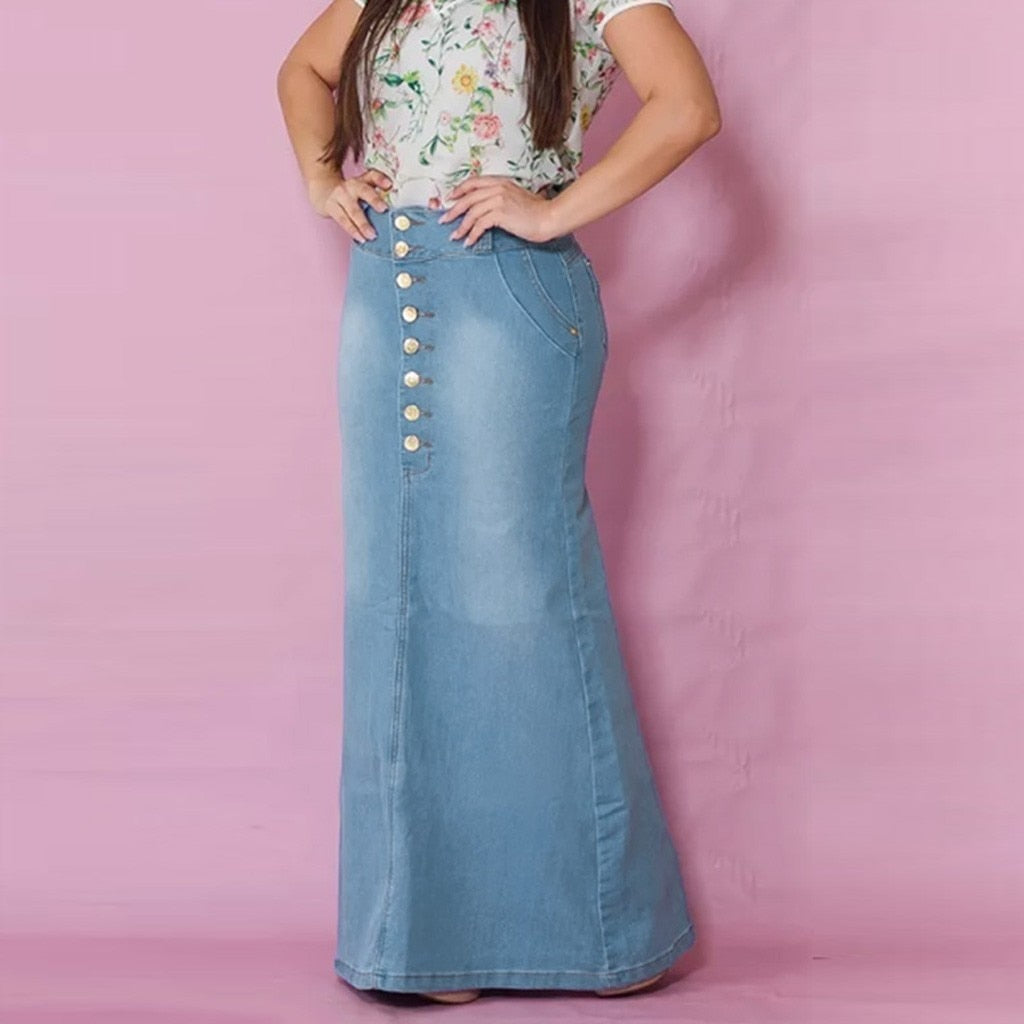 Long Light Blue Denim Skirt - JEXIE