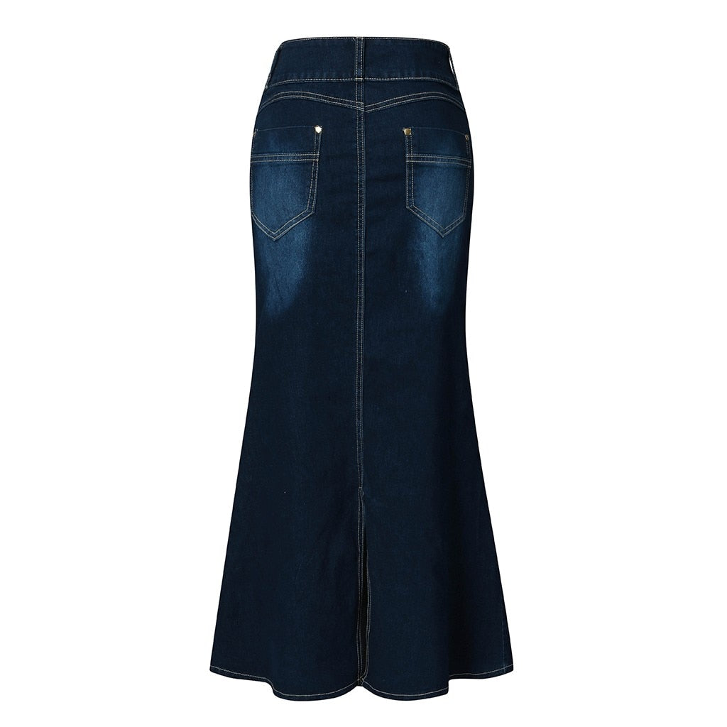 Long Deep Blue Denim Skirt - JEXIE