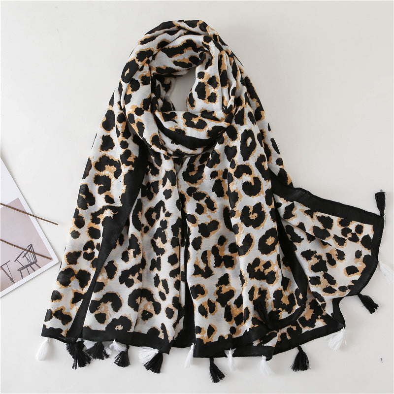 Leopard Print Tassel Scarf - JEXIE