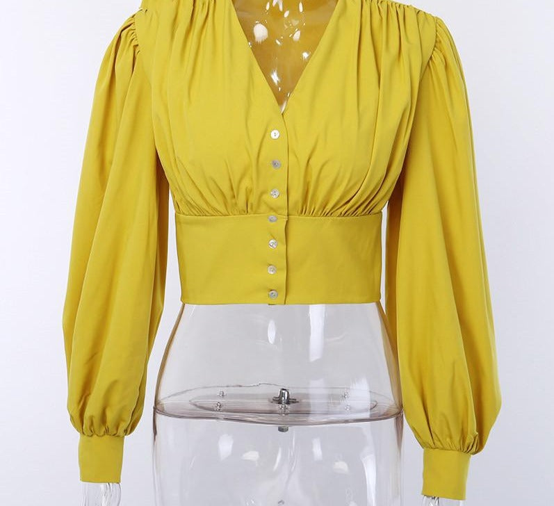 Long Puff Sleeves Buttoned Blouse - JEXIE