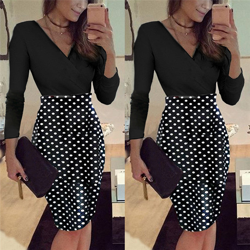 Long Sleeve Dots Slim Dress - JEXIE