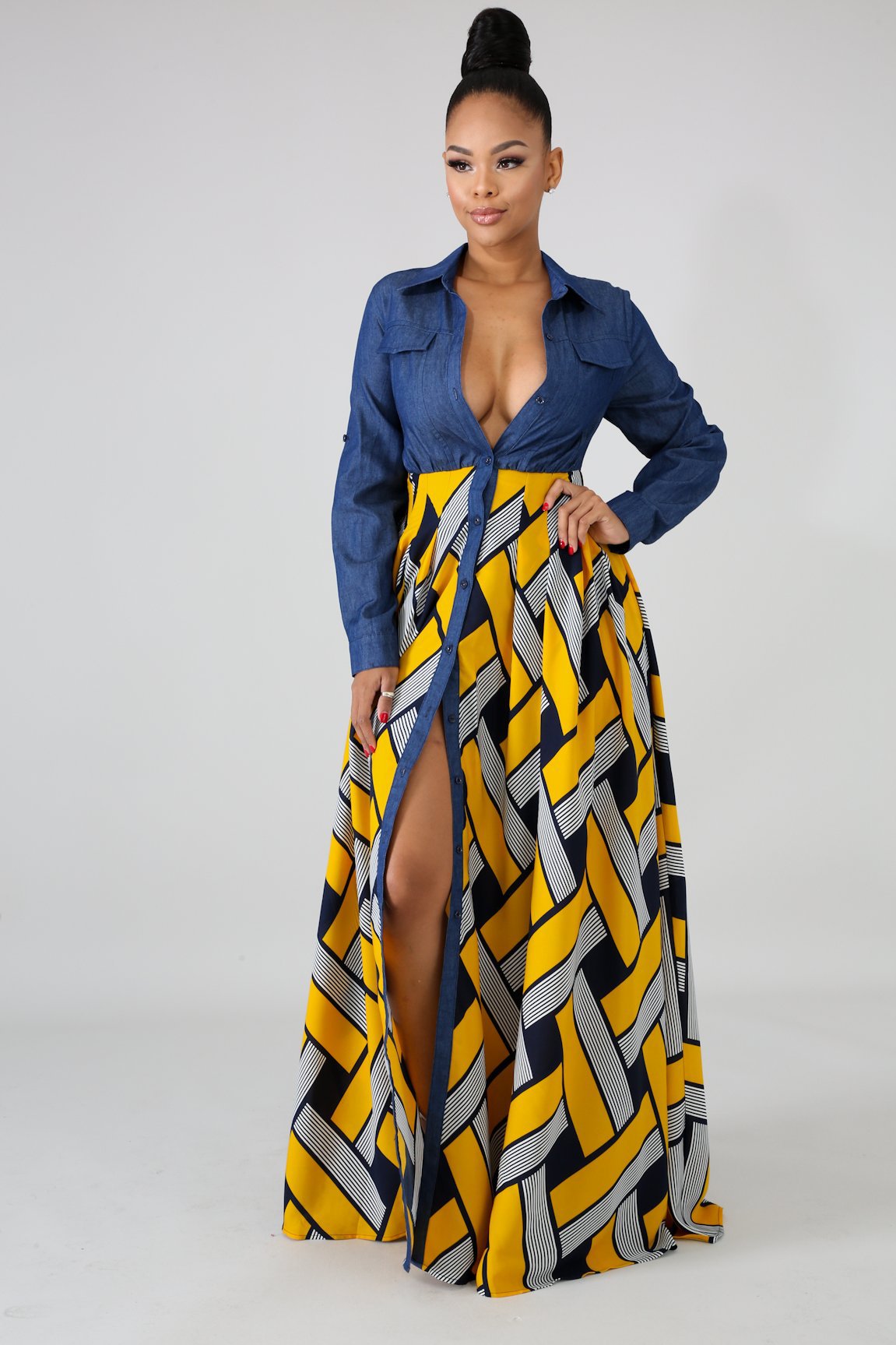 Yellow Printing Long Dress - JEXIE