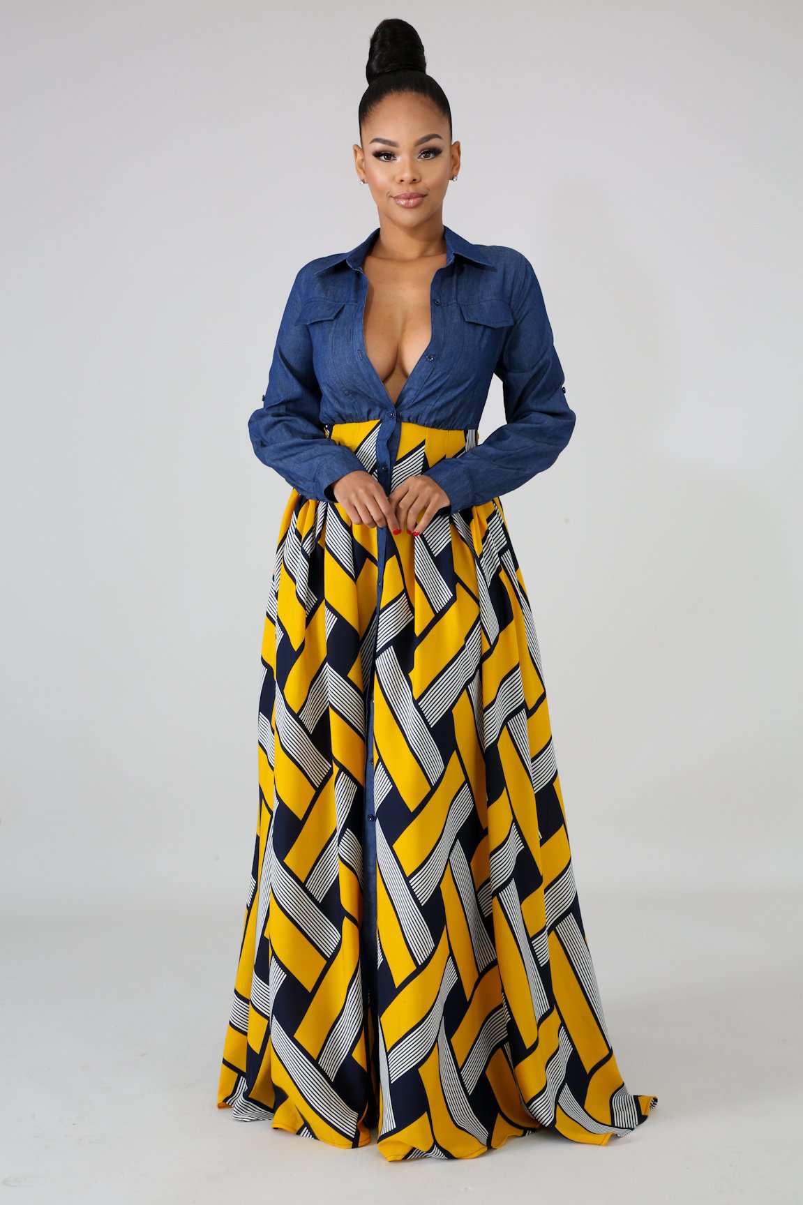 Yellow Printing Long Dress - JEXIE