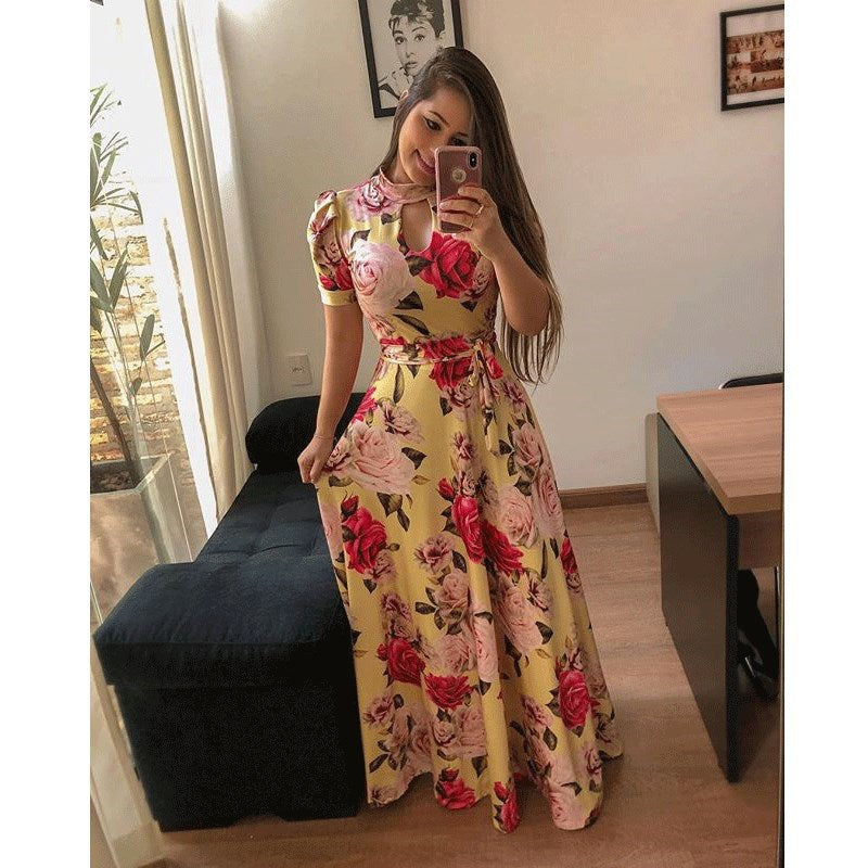 Yellow Floral Elegant Maxi Dress - JEXIE