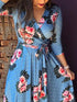 Three Quarter Sleeves Floral Blue Dress - JEXIE