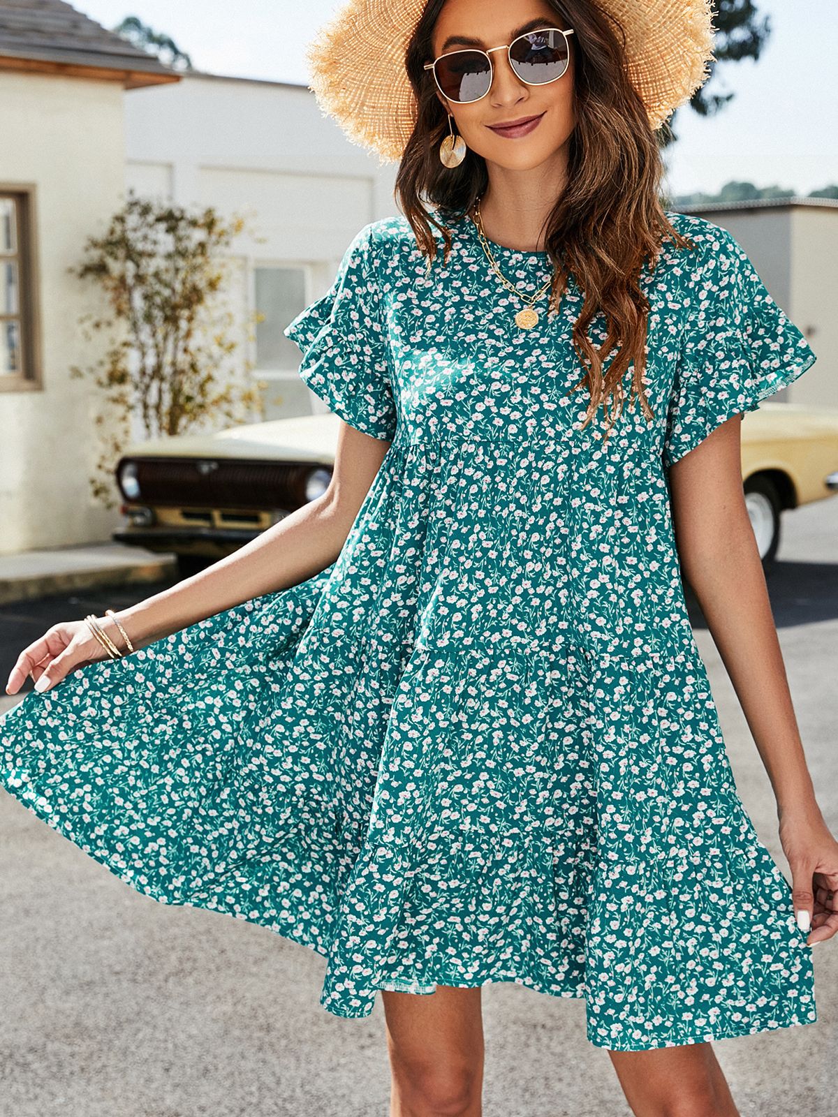 Flounce Sleeve Tiered Dress - JEXIE